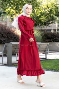 Modalamelif Ön ve Etek Fırfır Detaylı  Kuşaklı Ayrobin Elbise Bordo