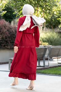 Modalamelif Ön ve Etek Fırfır Detaylı  Kuşaklı Ayrobin Elbise Bordo