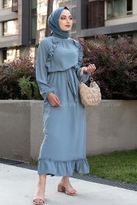 Modalamelif Ön ve Etek Fırfır Detaylı  Kuşaklı Ayrobin Elbise Mavi