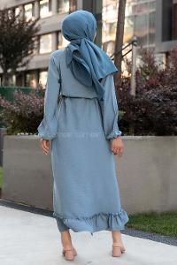 Modalamelif Ön ve Etek Fırfır Detaylı  Kuşaklı Ayrobin Elbise Mavi