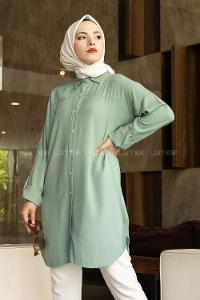 Modalamelif Önü Boydan Düğmeli Salaş  Tunik Gömlek Çağla Yeşili