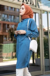 Modalamelif Önü Boydan Düğmeli Salaş  Tunik Gömlek İndigo