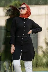 Modalamelif Önü Boydan Düğmeli Salaş  Tunik Gömlek Siyah