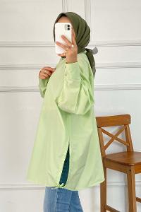 Modalamelif Önü Boydan Düğmeli Yan Yırtmaç Detaylı Gömlek Tunik Yeşil