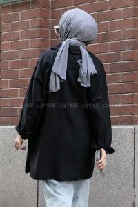 Modalamelif Önü Düğmeli Kapak Cepli Gabardin Gömlek Siyah