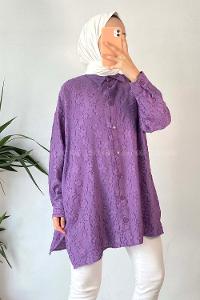 Modalamelif Önü Kısa Arkası Uzun Çiçek Motifli Jakarlı Gömlek Eflatun