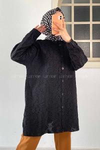 Modalamelif Önü Kısa Arkası Uzun Çiçek Motifli Jakarlı Gömlek Siyah