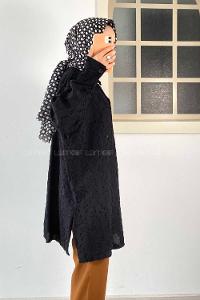 Modalamelif Önü Kısa Arkası Uzun Çiçek Motifli Jakarlı Gömlek Siyah