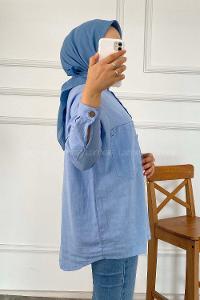 Modalamelif Önü Tahta Düğmeli Çift Cepli Gömlek Mavi