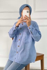 Modalamelif Önü Tahta Düğmeli Çift Cepli Gömlek Mavi
