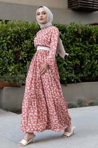 Modalamelif Papatya Desenli Beli Kemer Bağlamalı Elbise Pembe