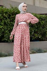 Modalamelif Papatya Desenli Beli Kemer Bağlamalı Elbise Pembe