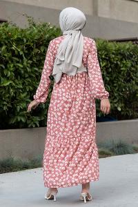 Modalamelif Papatya Desenli Beli Kemer Bağlamalı Elbise Pembe