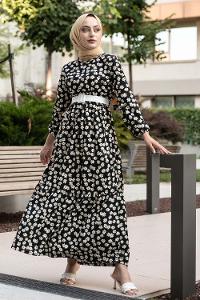 Modalamelif Papatya Desenli Beli Kemer Bağlamalı Elbise Siyah