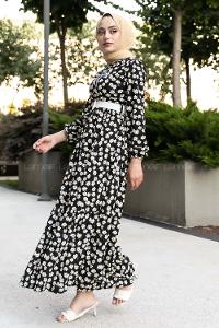 Modalamelif Papatya Desenli Beli Kemer Bağlamalı Elbise Siyah