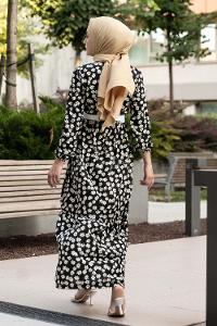 Modalamelif Papatya Desenli Beli Kemer Bağlamalı Elbise Siyah