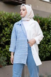Modalamelif Pötikare Garnili Krinkıl Gömlek Ekru-Mavi