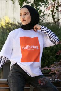 Modalamelif Vellbeing Yazı Baskılı Oversize T-Shirt Turuncu-Beyaz