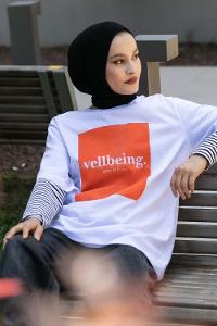 Modalamelif Vellbeing Yazı Baskılı Oversize T-Shirt Turuncu-Beyaz