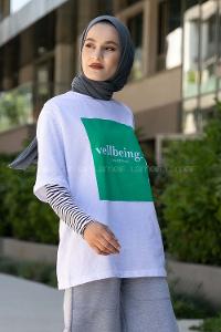 Modalamelif Vellbeing Yazı Baskılı Oversize T-Shirt Yeşil-Beyaz