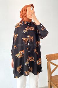 Modalamelif Animal Desen Dijital Baskı Gömlek Siyah