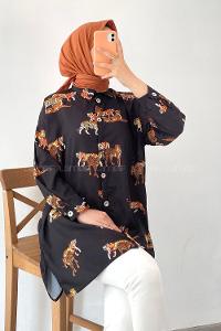 Modalamelif Animal Desen Dijital Baskı Gömlek Siyah