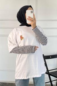 Modalamelif Ayıcık Baskılı Oversize T-Shirt Beyaz