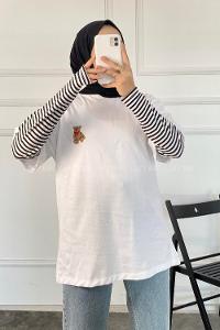 Modalamelif Ayıcık Baskılı Oversize T-Shirt Beyaz
