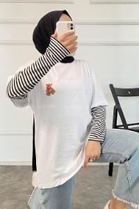 Modalamelif Ayıcık Baskılı Oversize T-Shirt Beyaz