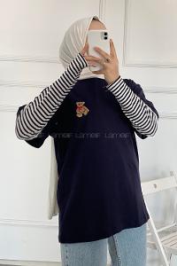 Modalamelif Ayıcık Baskılı Oversize T-Shirt Lacivert