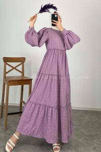 Lamelif Balon Kol Gofre Büzgülü Elbise Eflatun