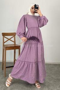 Lamelif Balon Kol Gofre Büzgülü Elbise Eflatun