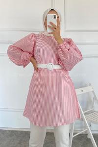 Modalamelif Bisiklet Yaka Kemerli Tunik Gül