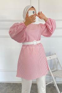 Modalamelif Bisiklet Yaka Kemerli Tunik Gül