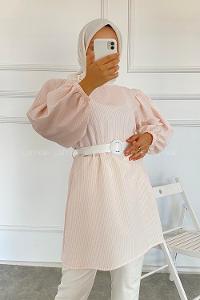 Modalamelif Bisiklet Yaka Kemerli Tunik Pudra