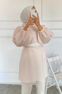 Modalamelif Bisiklet Yaka Kemerli Tunik Pudra