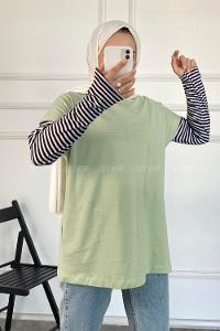 Modalamelif Bisiklet Yaka Oversize T-Shirt Çağla Yeşili