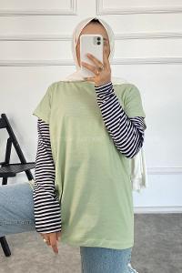 Modalamelif Bisiklet Yaka Oversize T-Shirt Çağla Yeşili
