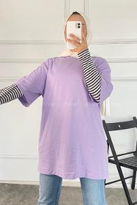 Modalamelif Bisiklet Yaka Oversize T-Shirt Lila