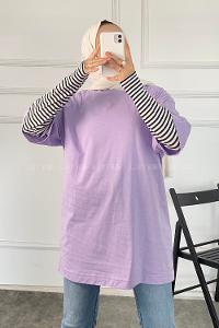Modalamelif Bisiklet Yaka Oversize T-Shirt Lila