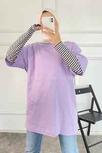 Modalamelif Bisiklet Yaka Oversize T-Shirt Lila