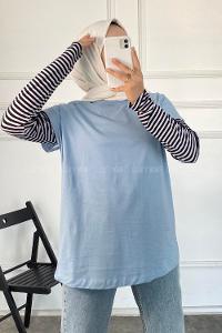 Modalamelif Bisiklet Yaka Oversize T-Shirt Mavi