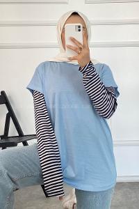 Modalamelif Bisiklet Yaka Oversize T-Shirt Mavi
