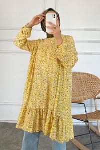 Modalamelif Çiçek Desen Eteği Fırfırlı Tunik Sarı