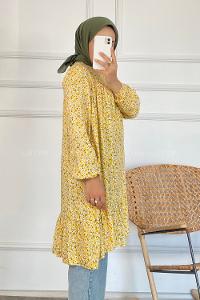 Modalamelif Çiçek Desen Eteği Fırfırlı Tunik Sarı