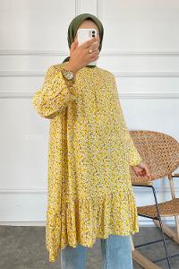 Modalamelif Çiçek Desen Eteği Fırfırlı Tunik Sarı