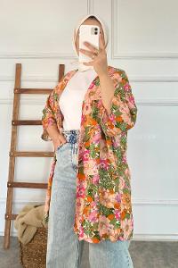 Modalamelif Çiçek Desenli Kısa Kollu Kimono Turuncu-Lila