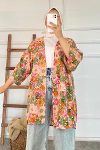 Modalamelif Çiçek Desenli Kısa Kollu Kimono Turuncu-Lila