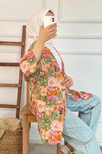 Modalamelif Çiçek Desenli Kısa Kollu Kimono Turuncu-Lila