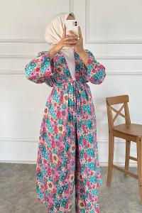 Modalamelif Çiçek Desenli Kuşak Bağlamalı İkili Kimono Takım Lila